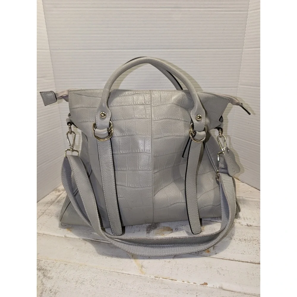 Kattee Crocodile Embossed Cowhide Leather Soft Gray Tote w/Gold Tone Hardware